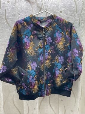 b.young Bomber Jacket Womens 42 Black Floral Jacquard Zip Up Excellent Condition